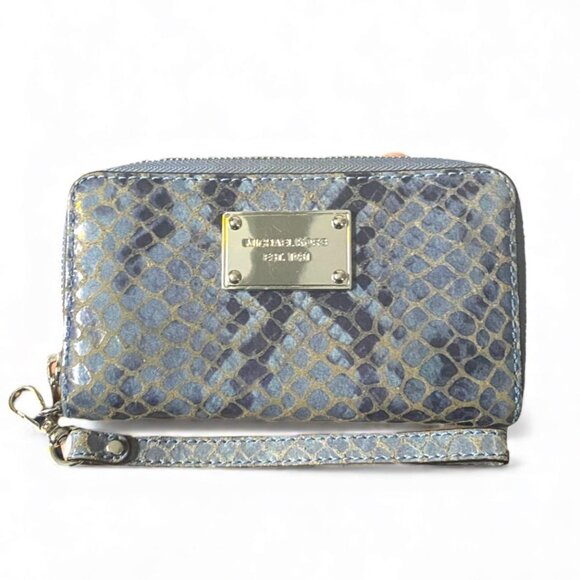 MICHAEL KORS- Snakeskin Embossed Leather Zip Around Wristlet Wallet- BLUE - Picture 1 of 4